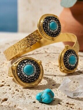 18K Gold Plated Turkish Turquoise Cuff and Ring Set Bohemian Mediterranean 8-10